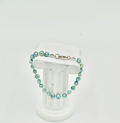 Natural Blue Fresh Water Pearls 7 Inch Knotted Bracelet Silver Hardware