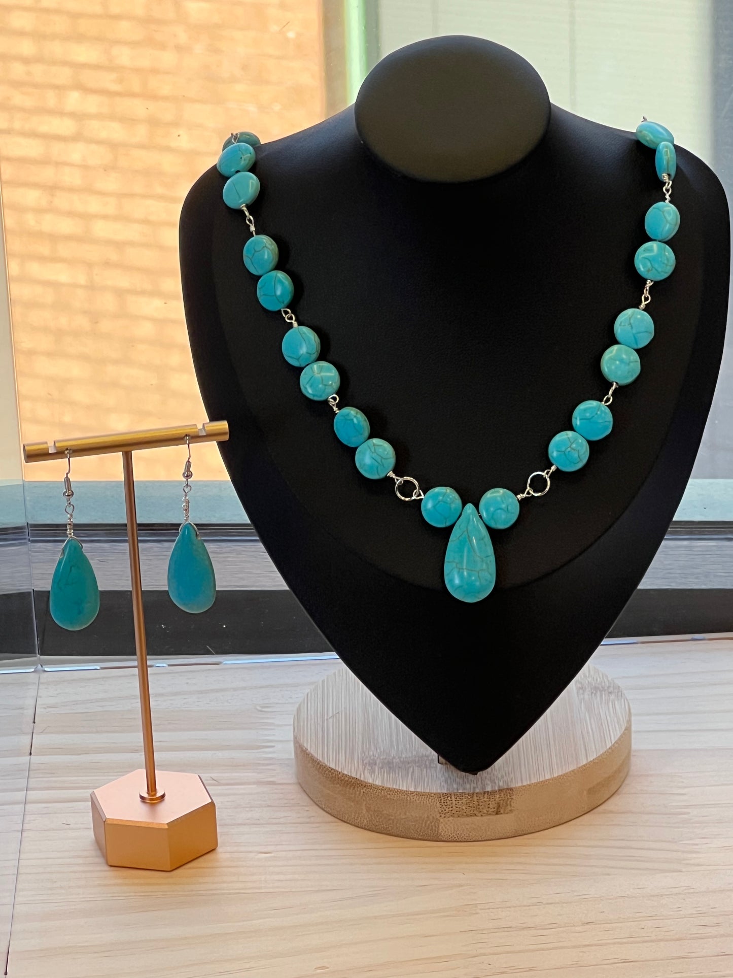 Turquoise over 925 Sterling Silver Necklace and Earrings Set