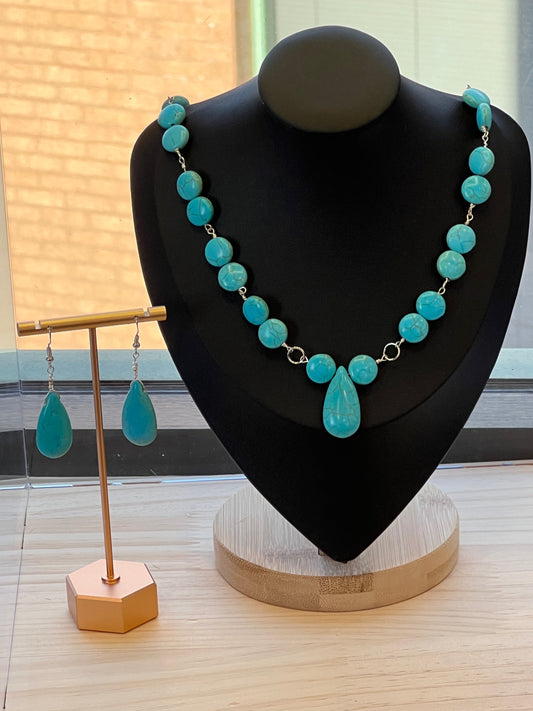 Turquoise over 925 Sterling Silver Necklace and Earrings Set